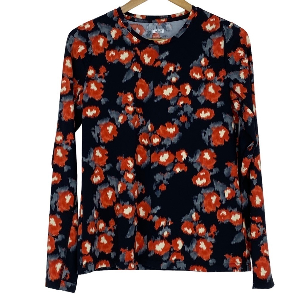 Duluth trading black orange & white floral print nylon LS top, S